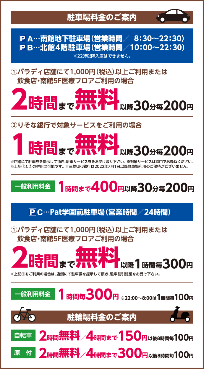 A…南館地下駐車場（8：30～22：30）B…北館4階駐車場（10：00～22：30） C…Ｐａｔ学園前駐車場（24時間）
